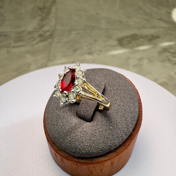 Ruby Red Marquise Halo Cluster Ring - 18K HGE Gold Tone - Size 8 - Picture 4 of 11
